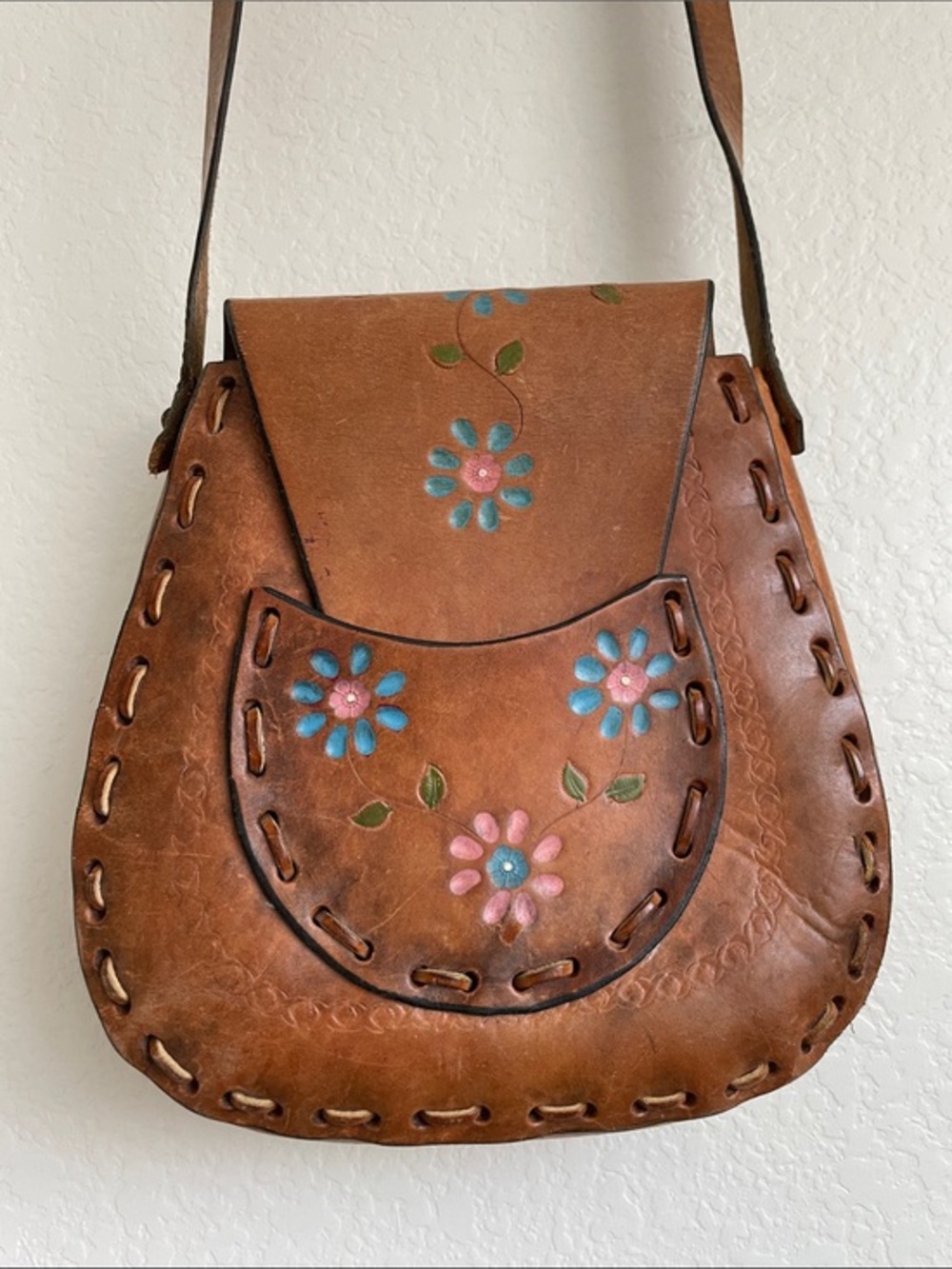 Vintage Handcrafted Brown Floral Leather Shoulder Bag